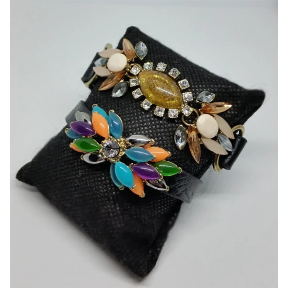 BLACK faux leather colorful rhinestones faux gemstones bracelets lot 2